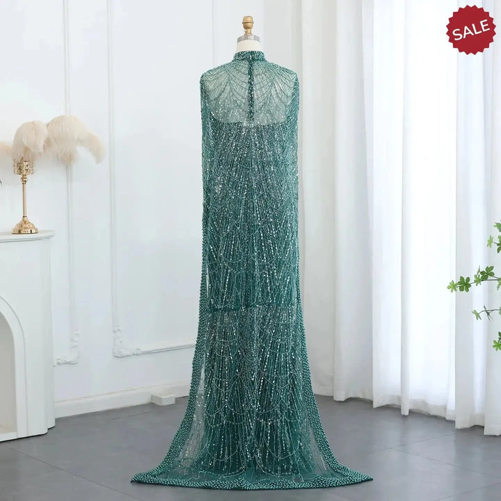Luxury Pearls Champagne Evening Dresses with Cape SS369