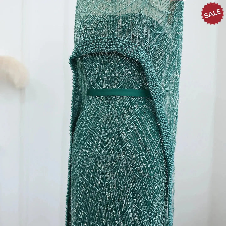 Luxury Pearls Champagne Evening Dresses with Cape SS369