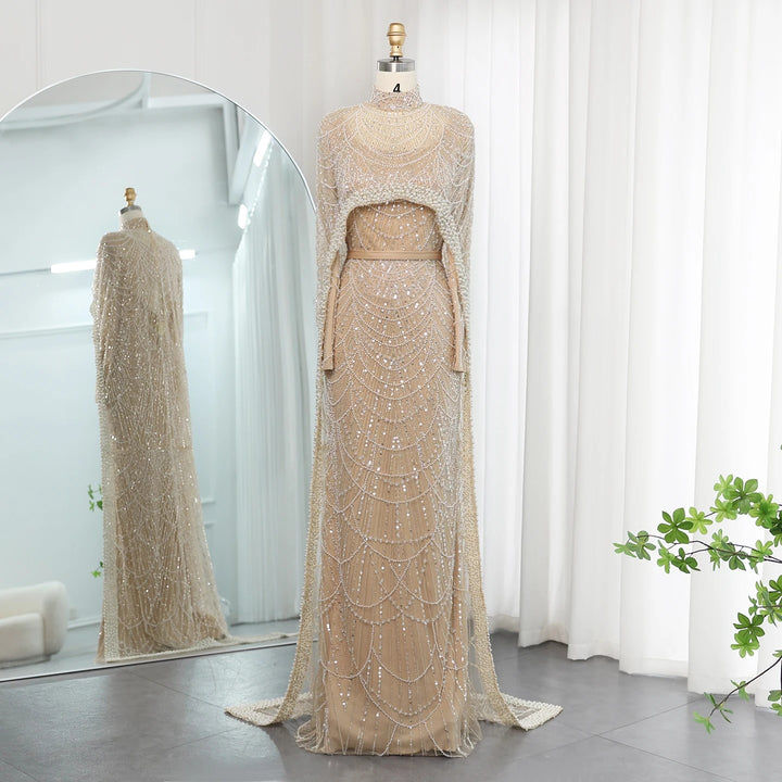 Luxury Pearls Champagne Evening Dresses with Cape SS369
