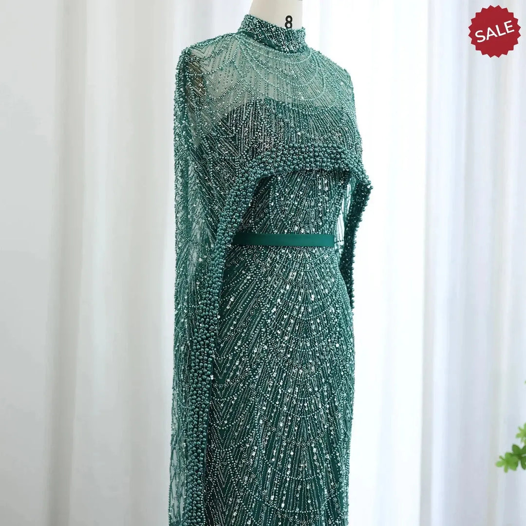Luxury Pearls Champagne Evening Dresses with Cape SS369