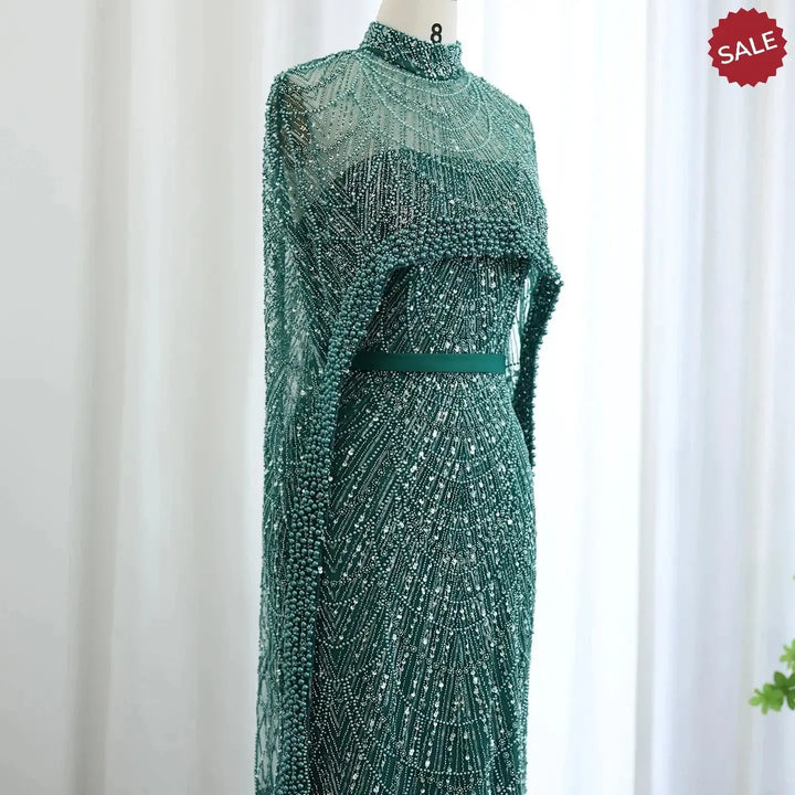 Luxury Pearls Champagne Evening Dresses with Cape SS369