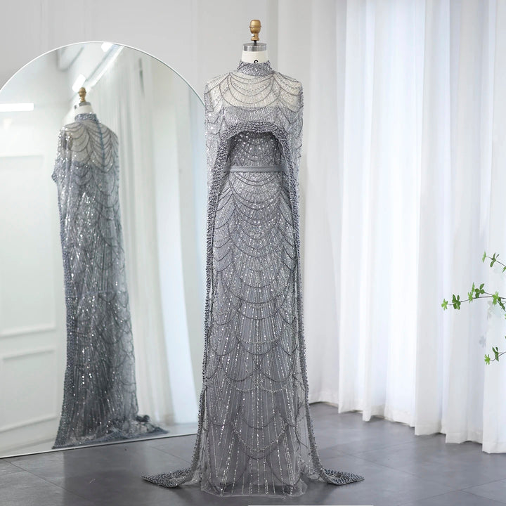 Luxury Pearls Champagne Evening Dresses with Cape SS369