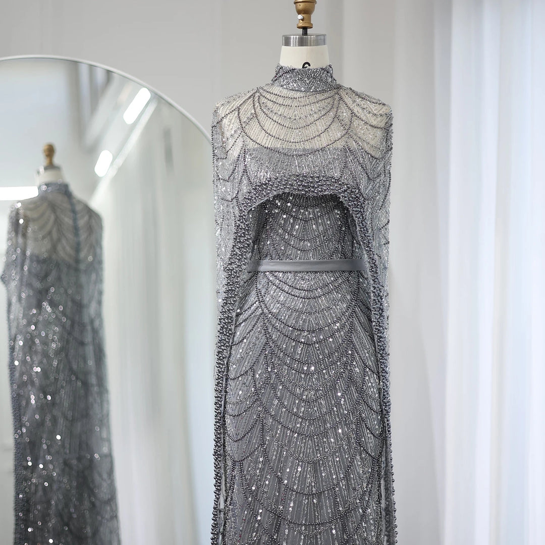 Luxury Pearls Champagne Evening Dresses with Cape SS369