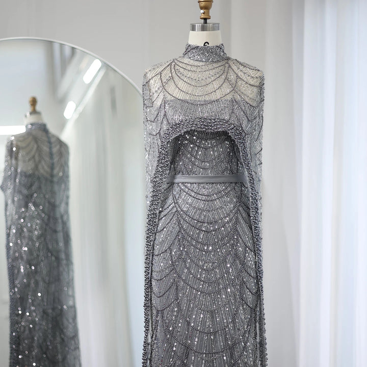 Luxury Pearls Champagne Evening Dresses with Cape SS369