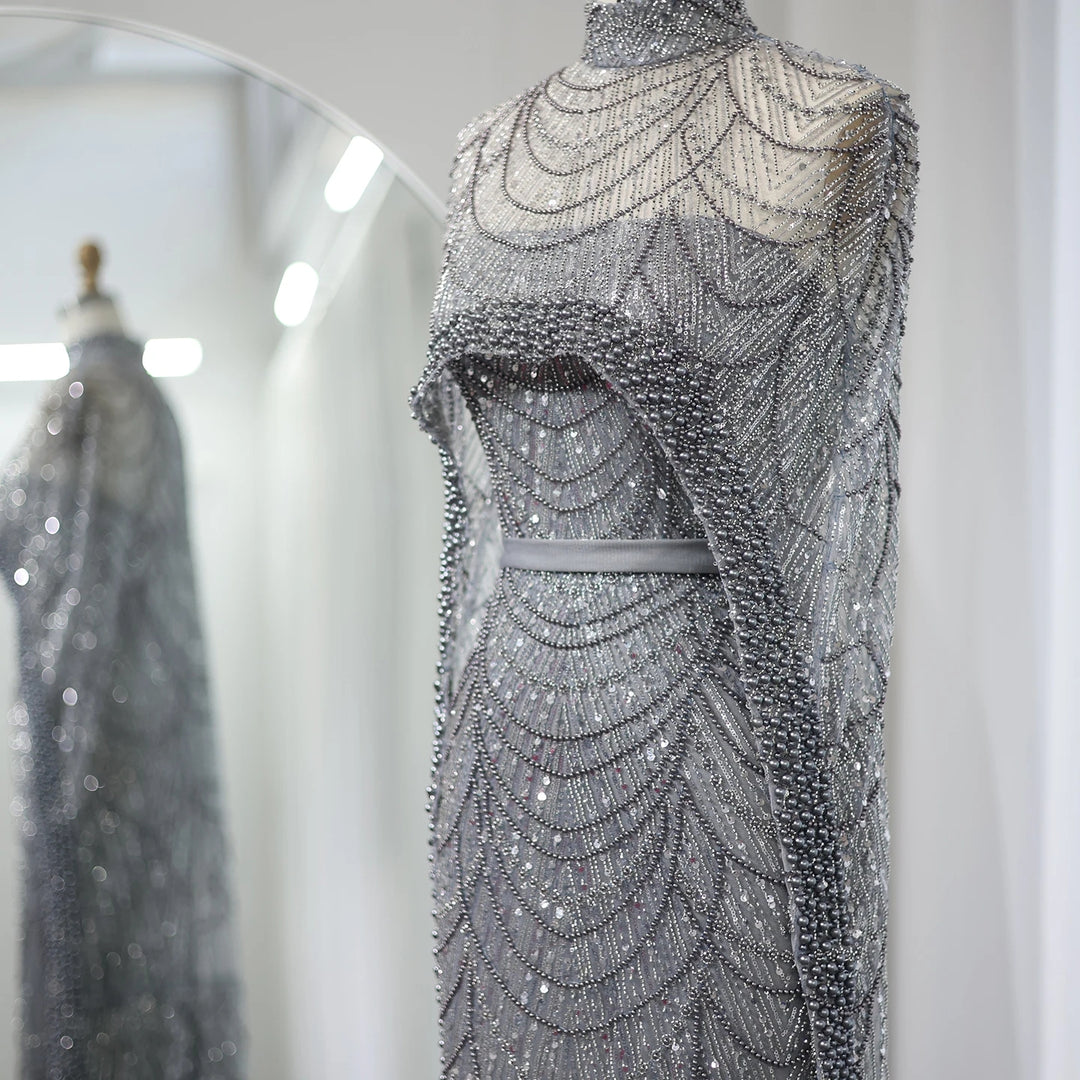Luxury Pearls Champagne Evening Dresses with Cape SS369