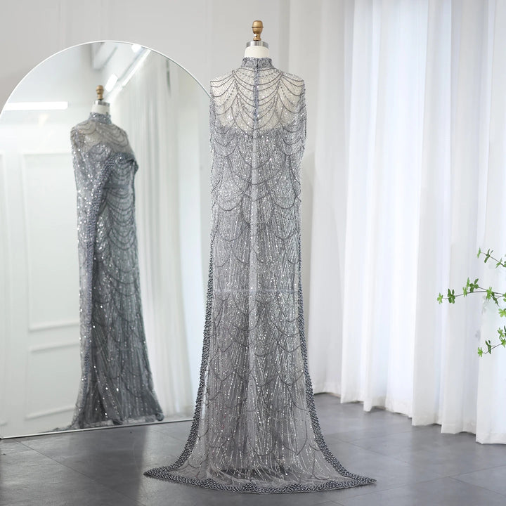 Luxury Pearls Champagne Evening Dresses with Cape SS369