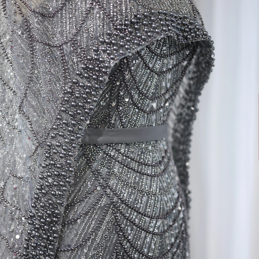 Luxury Pearls Champagne Evening Dresses with Cape SS369