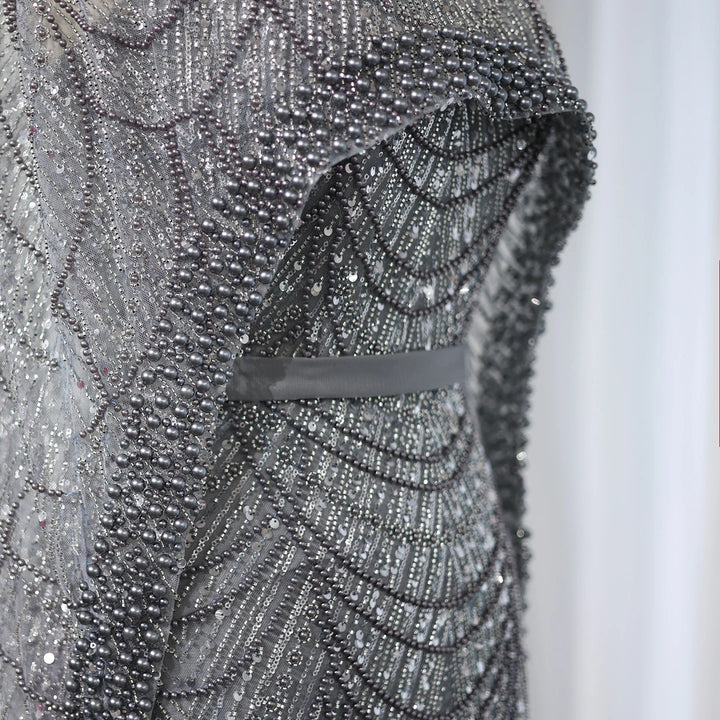 Luxury Pearls Champagne Evening Dresses with Cape SS369