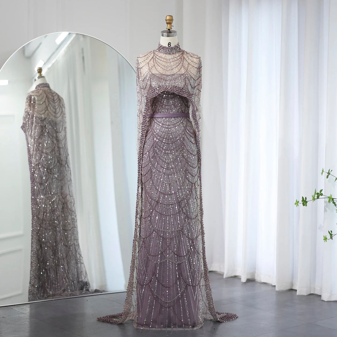 Luxury Pearls Champagne Evening Dresses with Cape SS369
