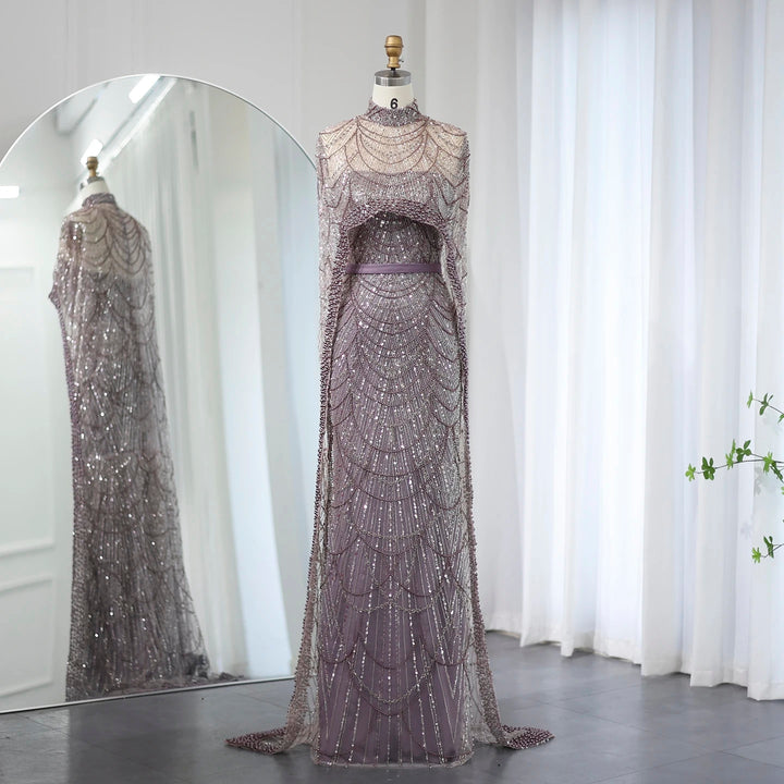Luxury Pearls Champagne Evening Dresses with Cape SS369