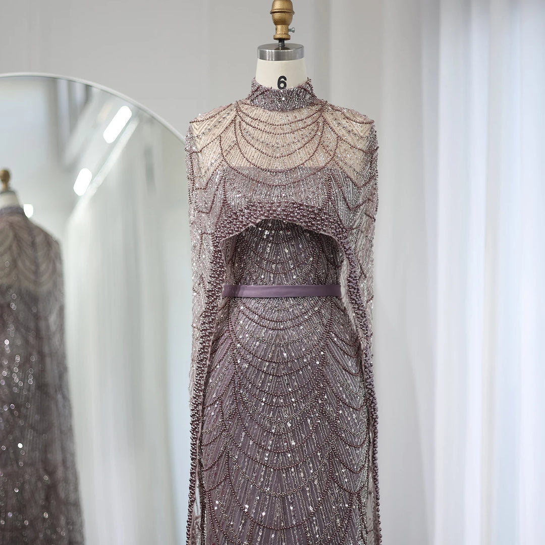 Luxury Pearls Champagne Evening Dresses with Cape SS369