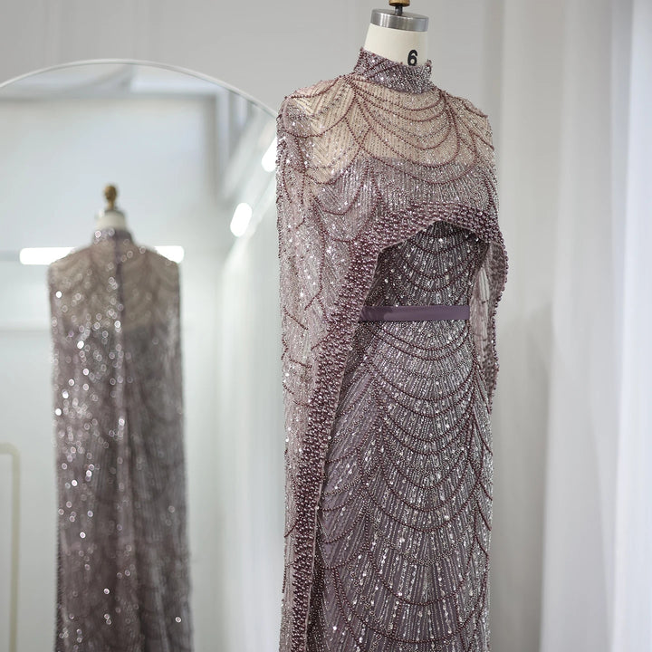 Luxury Pearls Champagne Evening Dresses with Cape SS369