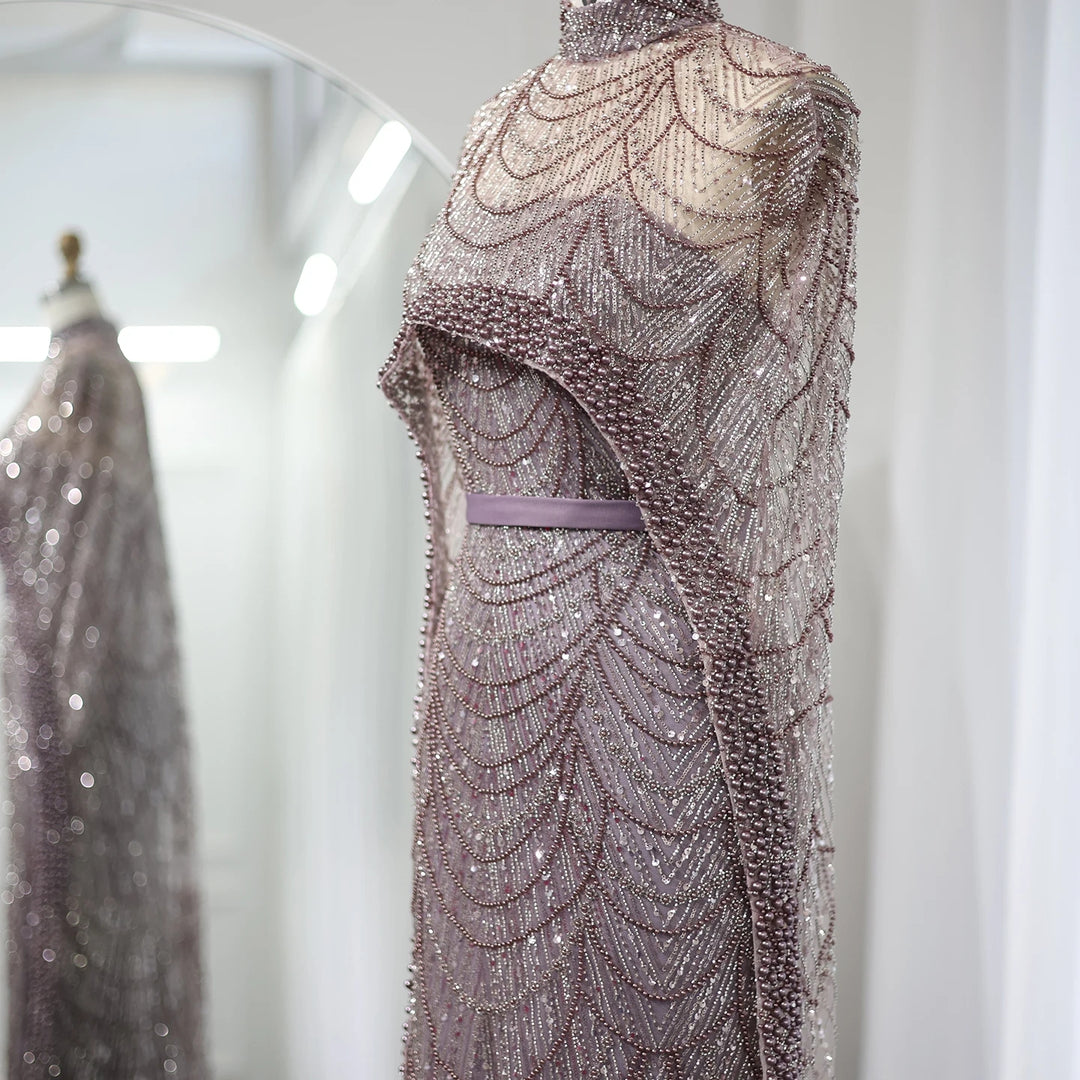 Luxury Pearls Champagne Evening Dresses with Cape SS369