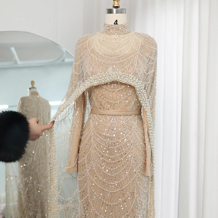 Luxury Pearls Champagne Evening Dresses with Cape SS369