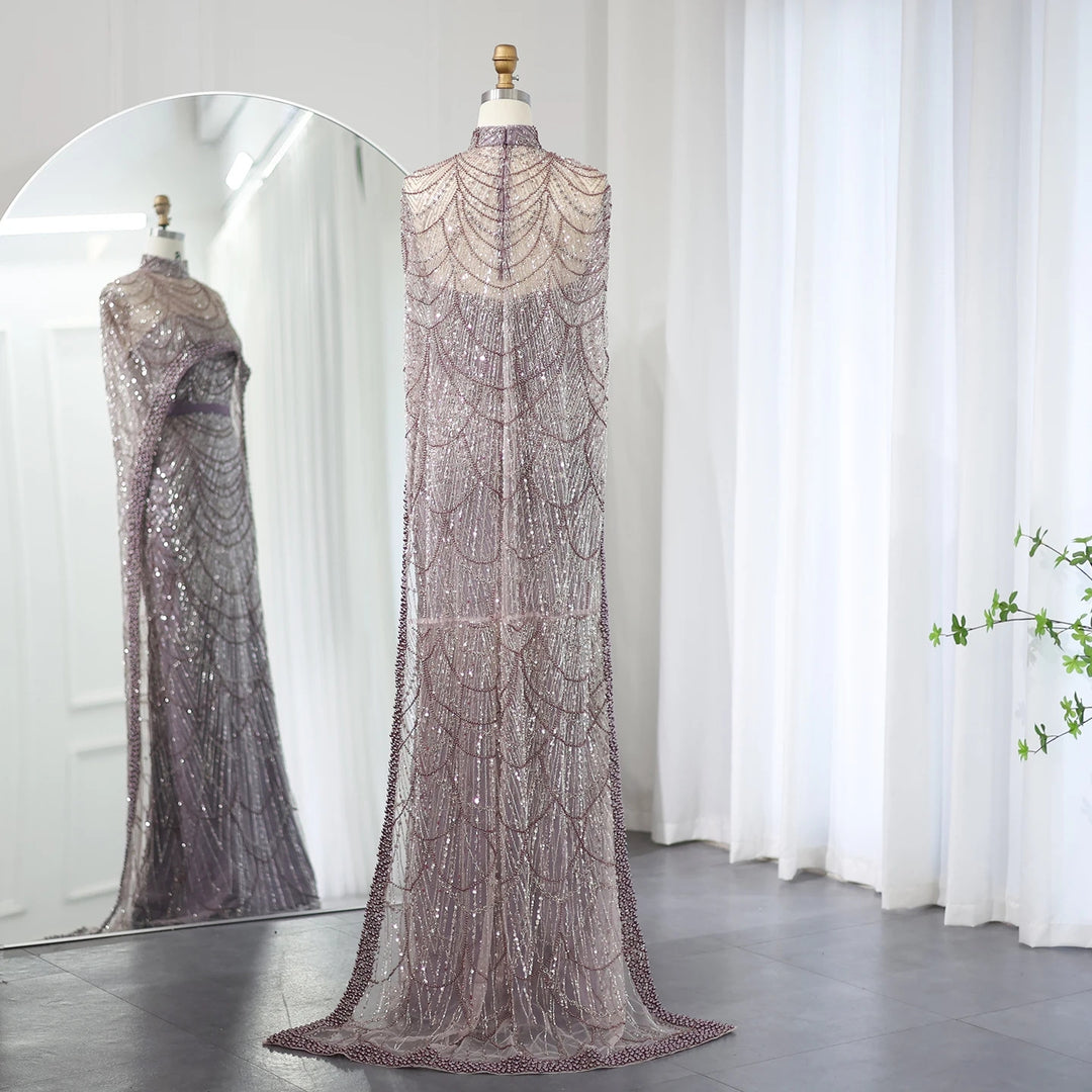 Luxury Pearls Champagne Evening Dresses with Cape SS369