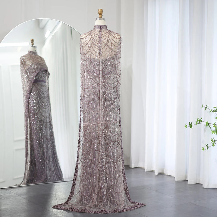 Luxury Pearls Champagne Evening Dresses with Cape SS369
