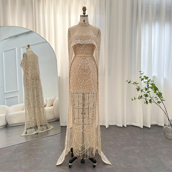Luxury Pearls Champagne Evening Dresses with Cape SS369