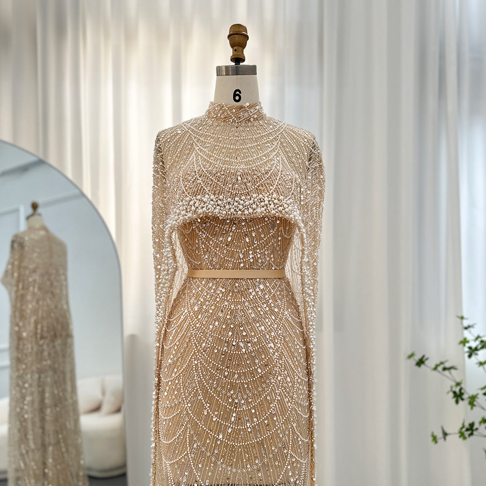 Luxury Pearls Champagne Evening Dresses with Cape SS369