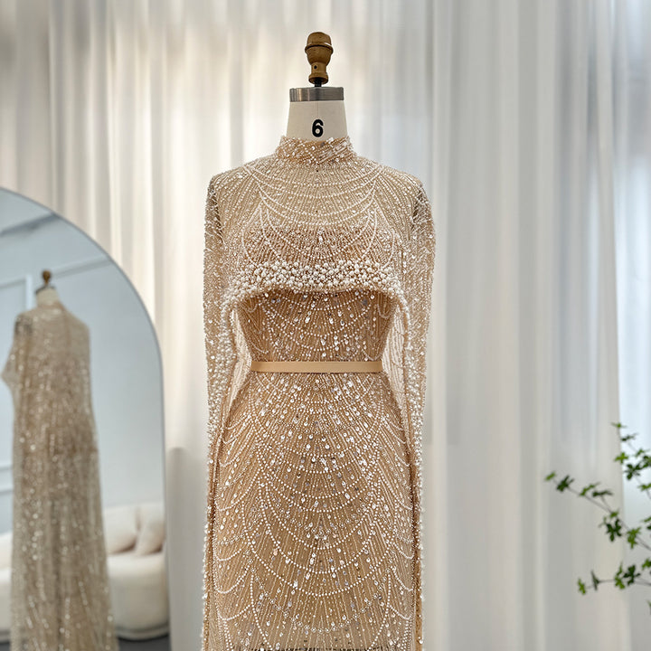 Luxury Pearls Champagne Evening Dresses with Cape SS369