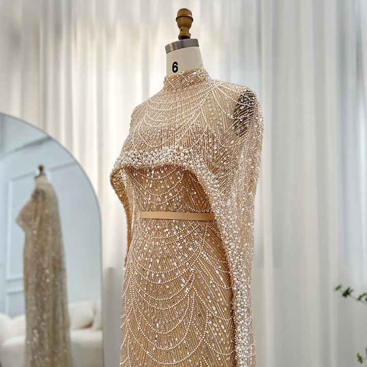 Luxury Pearls Champagne Evening Dresses with Cape SS369