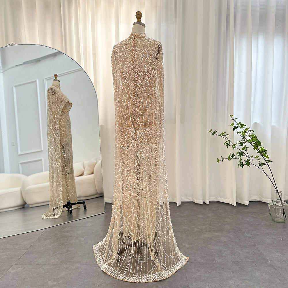 Luxury Pearls Champagne Evening Dresses with Cape SS369