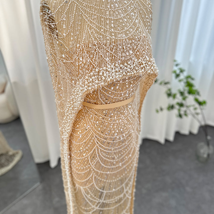 Luxury Pearls Champagne Evening Dresses with Cape SS369