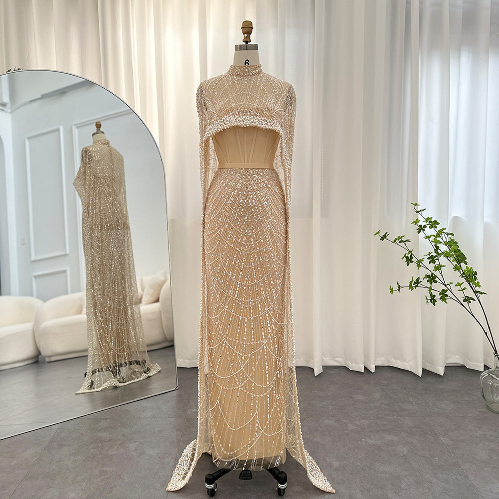 Luxury Pearls Champagne Evening Dresses New Women Mermaid Wedding Party Prom Dress – DreamyVow