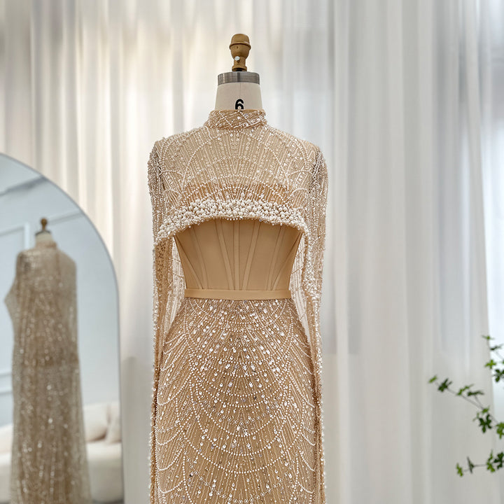Luxury Pearls Champagne Evening Dresses with Cape SS369