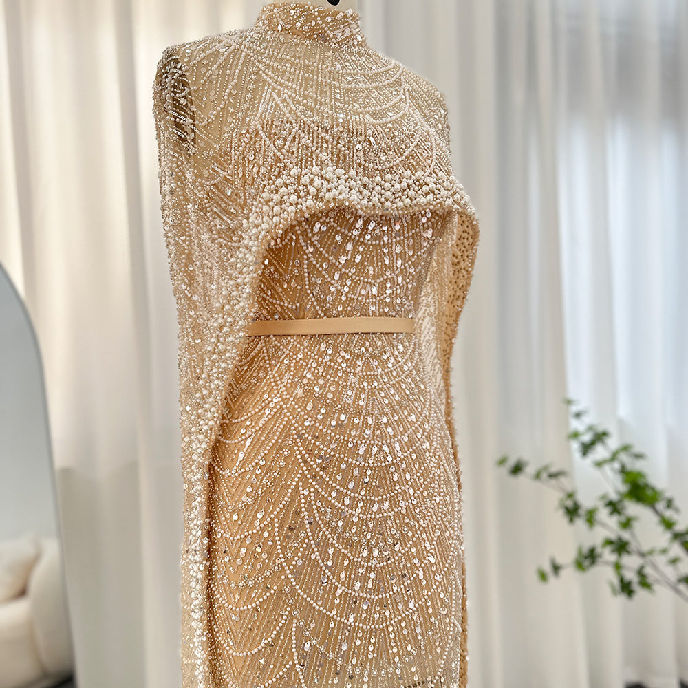 Luxury Pearls Champagne Evening Dresses with Cape SS369