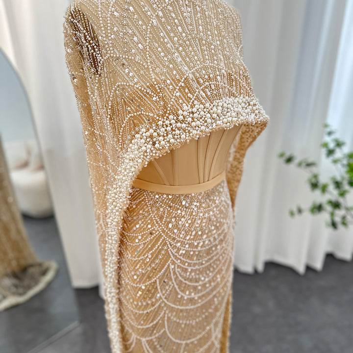 Luxury Pearls Champagne Evening Dresses with Cape SS369