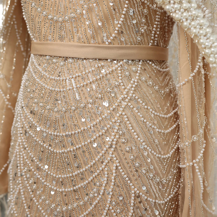 Luxury Pearls Champagne Evening Dresses with Cape SS369