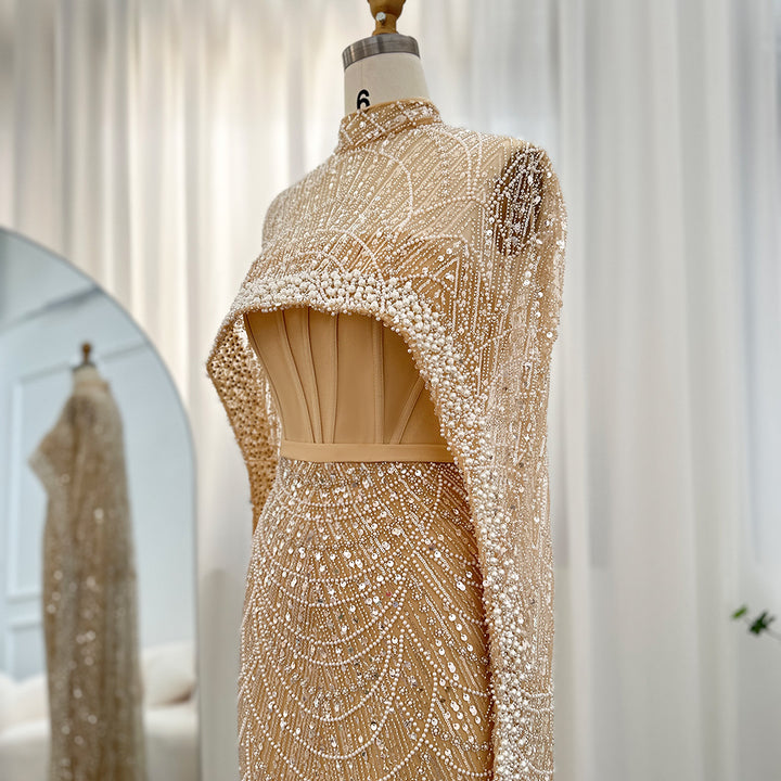 Luxury Pearls Champagne Evening Dresses with Cape SS369