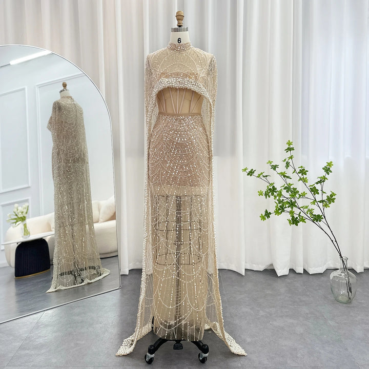 Luxury Pearls Champagne Evening Dresses with Cape SS369