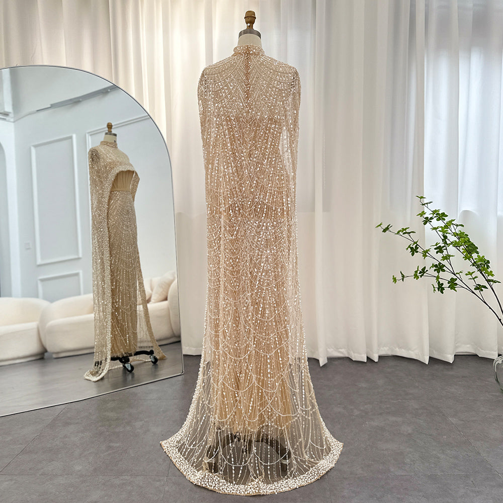 Luxury Pearls Champagne Evening Dresses with Cape SS369