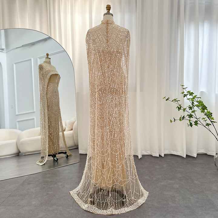 Luxury Pearls Champagne Evening Dresses with Cape SS369