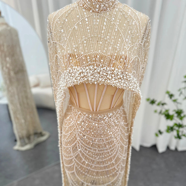 Luxury Pearls Champagne Evening Dresses with Cape SS369