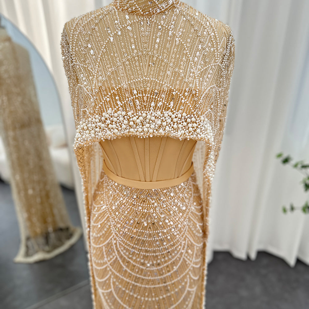 Luxury Pearls Champagne Evening Dresses with Cape SS369