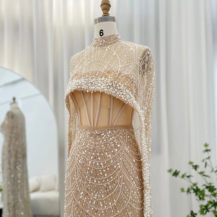 Luxury Pearls Champagne Evening Dresses with Cape SS369