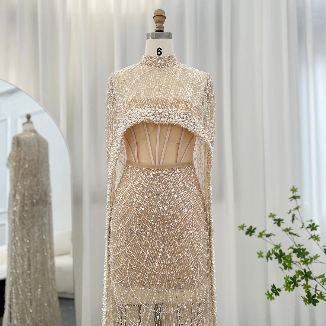 Luxury Pearls Champagne Evening Dresses with Cape SS369