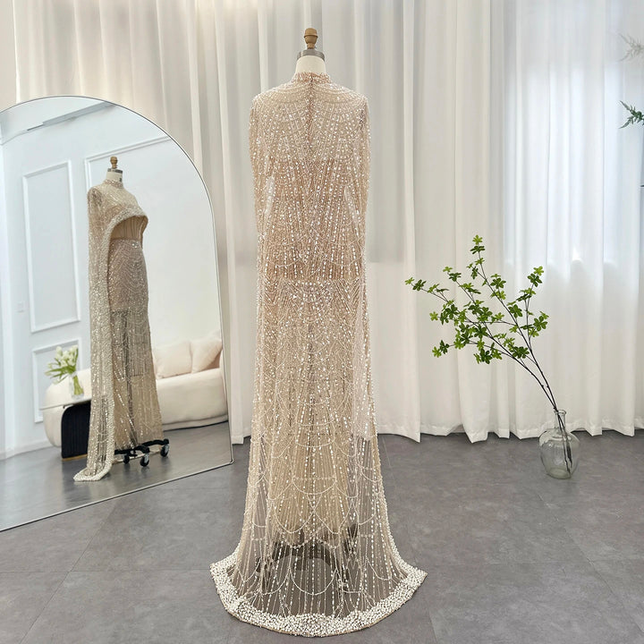 Luxury Pearls Champagne Evening Dresses with Cape SS369