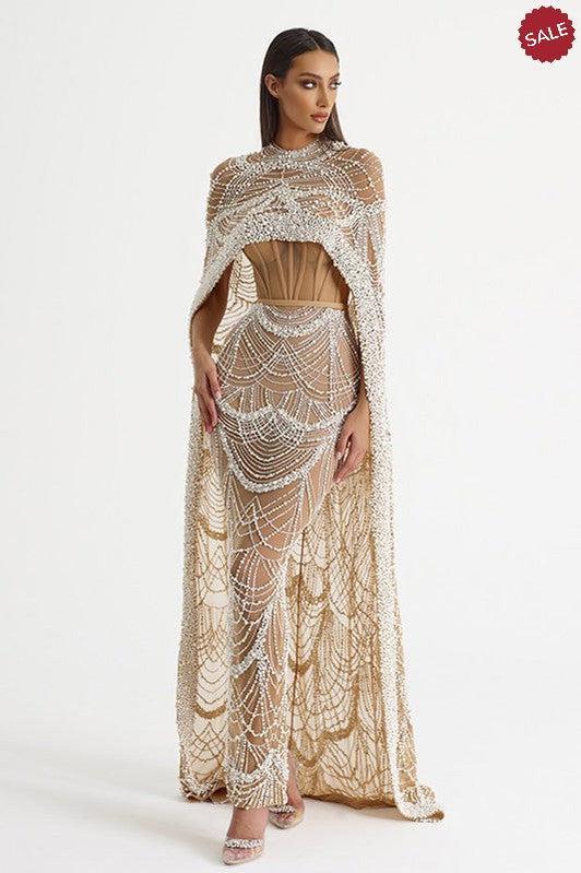 Luxury Pearls Champagne Evening Dresses with Cape SS369