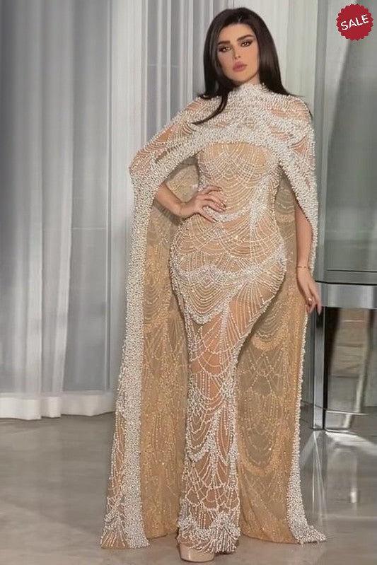 Luxury Pearls Champagne Evening Dresses with Cape SS369