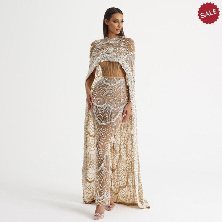 Luxury Pearls Champagne Evening Dresses with Cape SS369