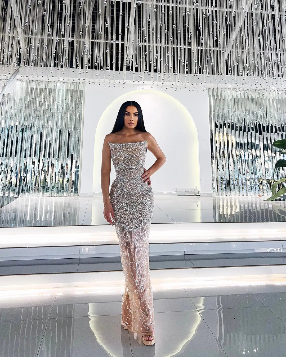Luxury Pearls Silver Nude Strapless Arabic Evening Dress SS681