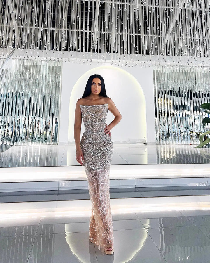 Luxury Pearls Silver Nude Strapless Arabic Evening Dress SS681