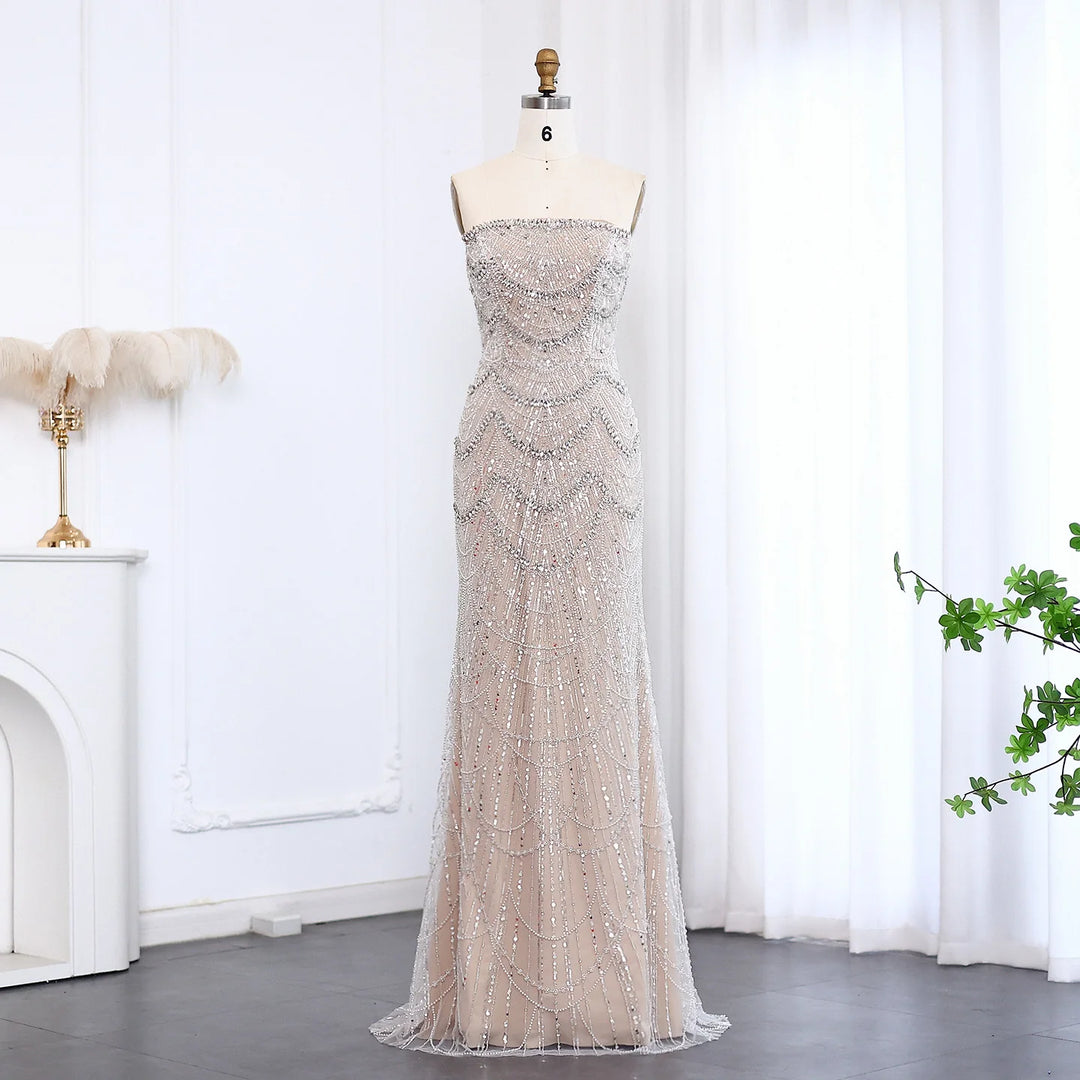 blue dress for baby girl Luxury Pearls Silver Nude Strapless Arabic Evening Dress SS681 – DreamyVow
