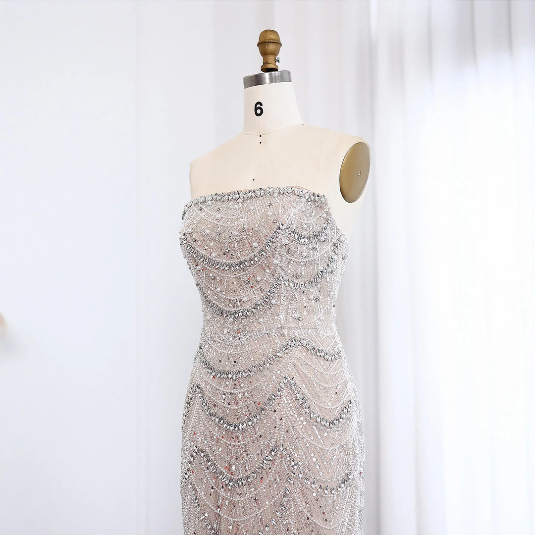 Luxury Pearls Silver Nude Strapless Arabic Evening Dress SS681 DreamyVow Luxury Pearls Silver Nude Strapless Arabic Evening Dress SS681 DreamyVow