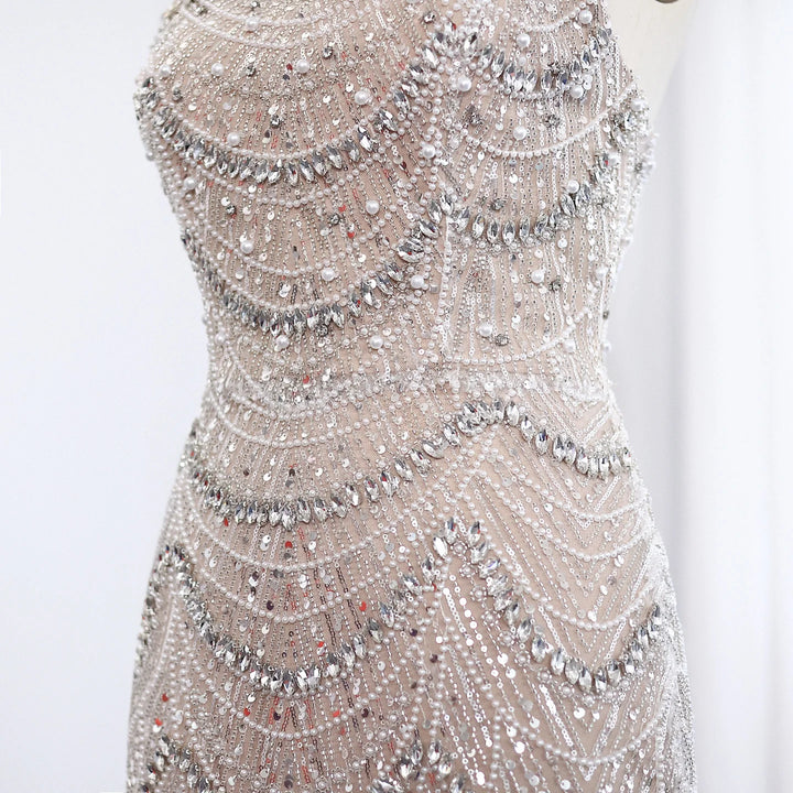 Luxury Pearls Silver Nude Strapless Arabic Evening Dress SS681