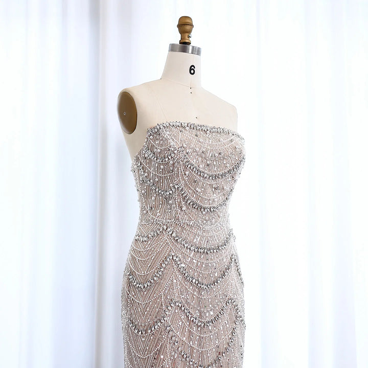 Luxury Pearls Silver Nude Strapless Arabic Evening Dress SS681