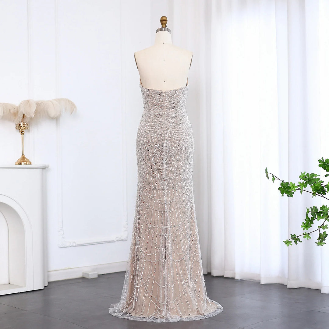 slim fit dress slacks Silver Beaded Sweetheart Mermaid Long Formal Dress with Slit main image 0